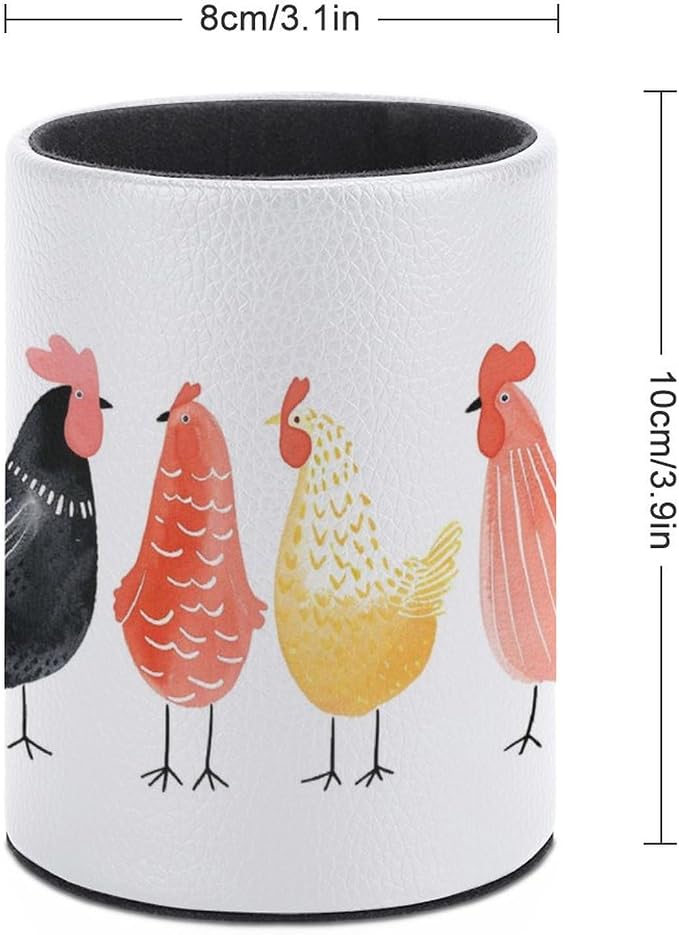 Row of Chickens Pencil Holder Round Pen Cup Hint of Bright Colour PU Leather Marker Holder Makeup Brush Holders Desk Accessories Workspace Organizers for Home School Office