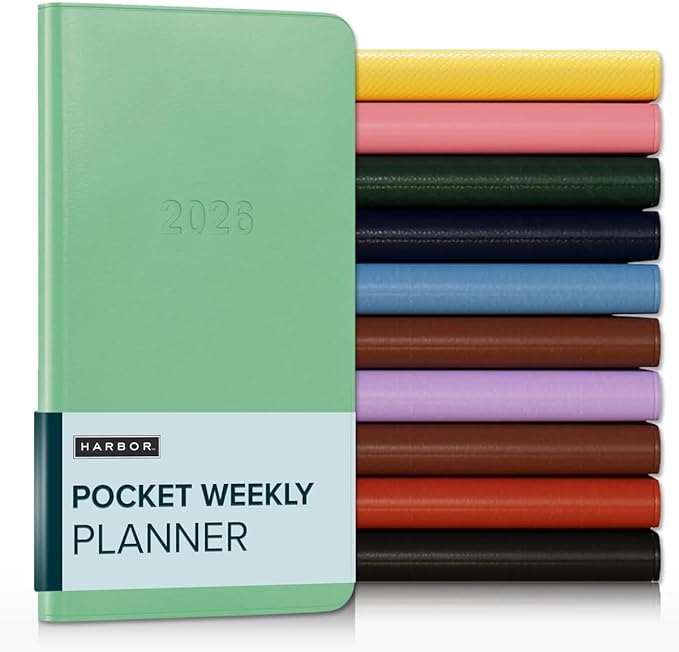 Harbor Pocket Weekly Monthly Planner 2025-2026, Calendar Planner and Notebook, Durable Faux Leather, 192 Pages, Softcover & Book Bound - Cambridge Jade - 6 x 3.25 "