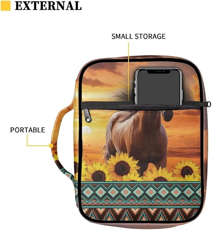 Coldinair Tribal Horse Bible Cover for Men Teen Kids Sunflower Bible Covers Case Case with Durable Handle Pocket and Zipper Bible Journal Case Nylon Bible Protector for Book Lovers