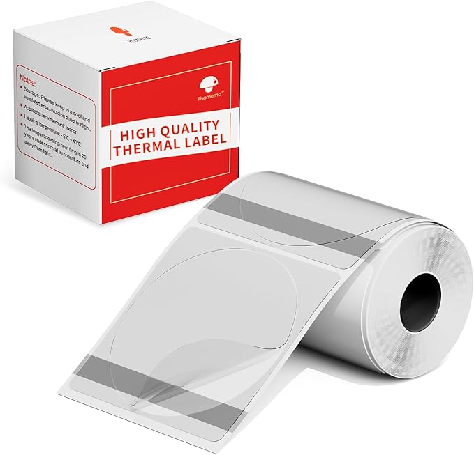 Phomemo Thermal Labels - Clear Circle Labels, M110/M220/M221/M120/M200, Transparent, 1.96"x1.96" (50x50mm), Round Stickers for Logo/Barcode/Address