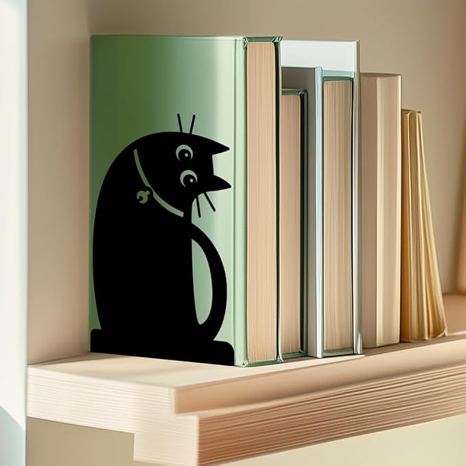Cute Office Decor Metal Bookends for Shelves, Adorable Black Cat Decor Book Ends Decorative for Home and Office Desk Bookshelf Decor Cat Lover Gifts for Women & Book Enthusiasts