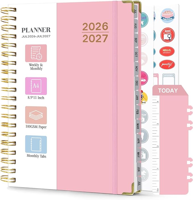 Planner 2026-2027, Weekly and Monthly Academic Planner, Jul 2026 - Jul 2027, 8.5"x11" Large Hardcover Daily Planner Calendar with Tabs for Women, Year Planning Agenda for Teacher and Student (Pink)