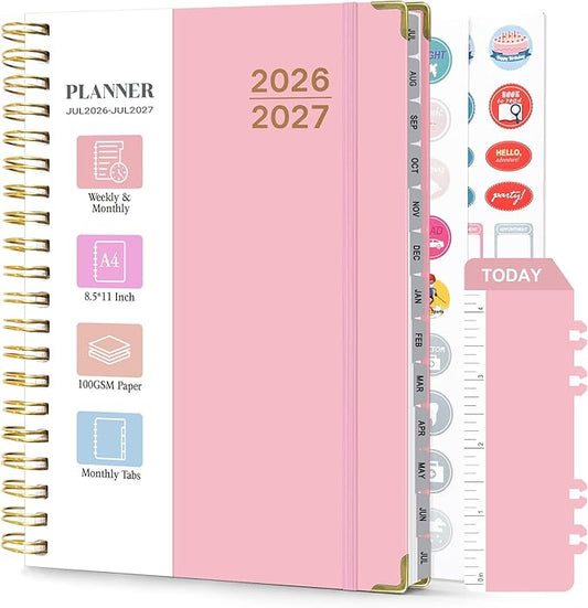 Planner 2026-2027, Weekly and Monthly Academic Planner, Jul 2026 - Jul 2027, 8.5"x11" Large Hardcover Daily Planner Calendar with Tabs for Women, Year Planning Agenda for Teacher and Student (Pink)