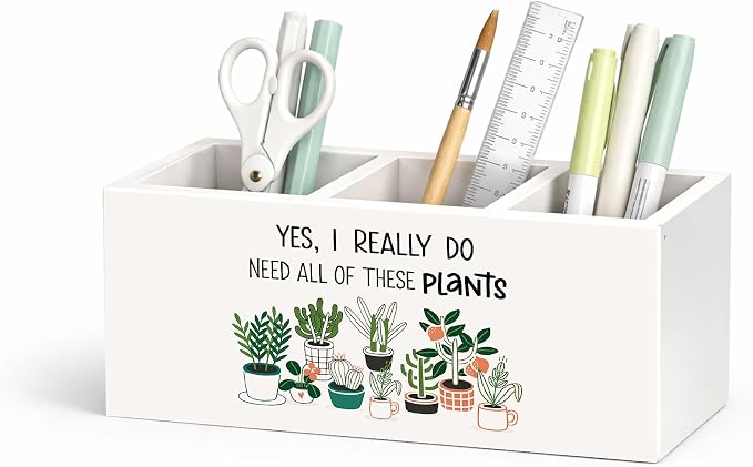 Plant Lover Desk Organizer Wooden Pen Pencil Holder for Desk, 3 Compartments Office Accessories, Yes I Really Do Need All of These Plants Funny Decor, Botanical Theme Table Storage for Home Office