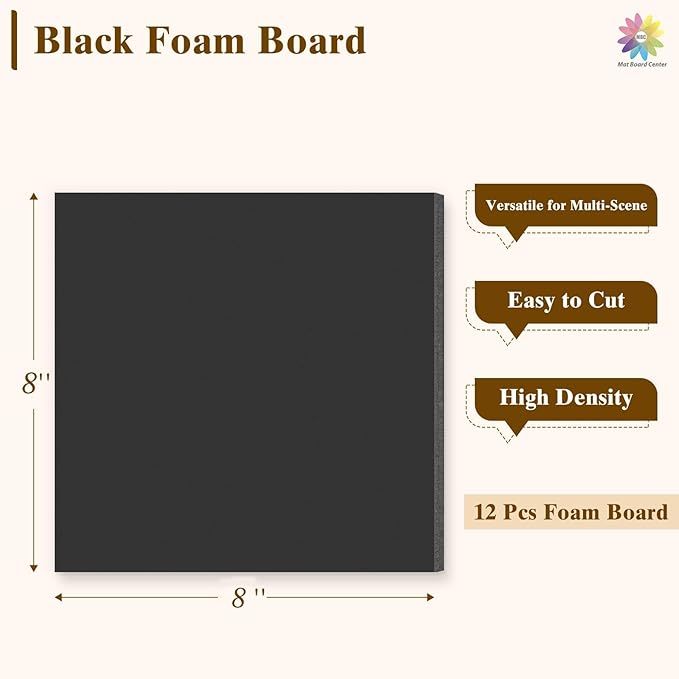 Mat Board Center, 12 Pack 8x8 Black Foam Boards, Acid Free Foam Core Board, 1/8 inch Thick