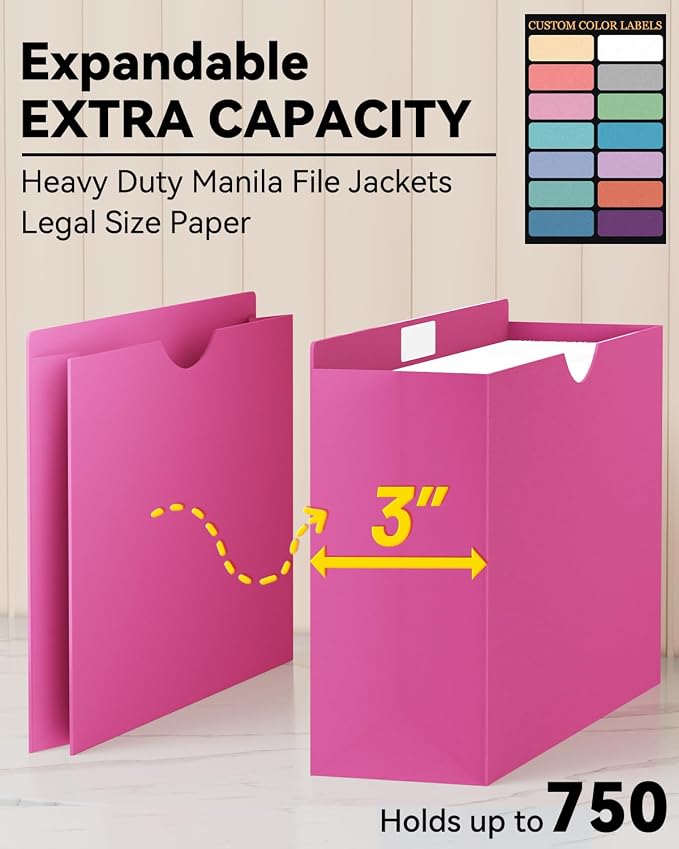 ANSOOK Poly File Jackets & File Pockets,Heavy Duty 3" Expandable Manila File Folder,12 Pack Manila File Jackets,Legal Size File Cabinet Folder,Straight Cut Tab,Colored Job Folder for Office