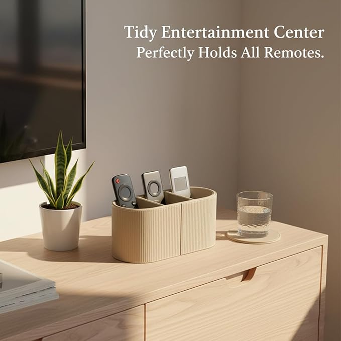 3 Compartments PU Leather Remote Control Holder, Multifunctional Desk Organizer for TV Remotes, Pens, and Accessories, Bedside and Tabletop Storage, Beige