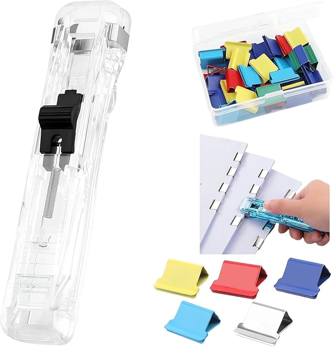 Portable Binder Clip Stapler - Desktop Push Stapler Binder Clips Paper Clamps Small Binding Office Supplies Handheld Stapler Staples Set Desk Paperclip Dispenser