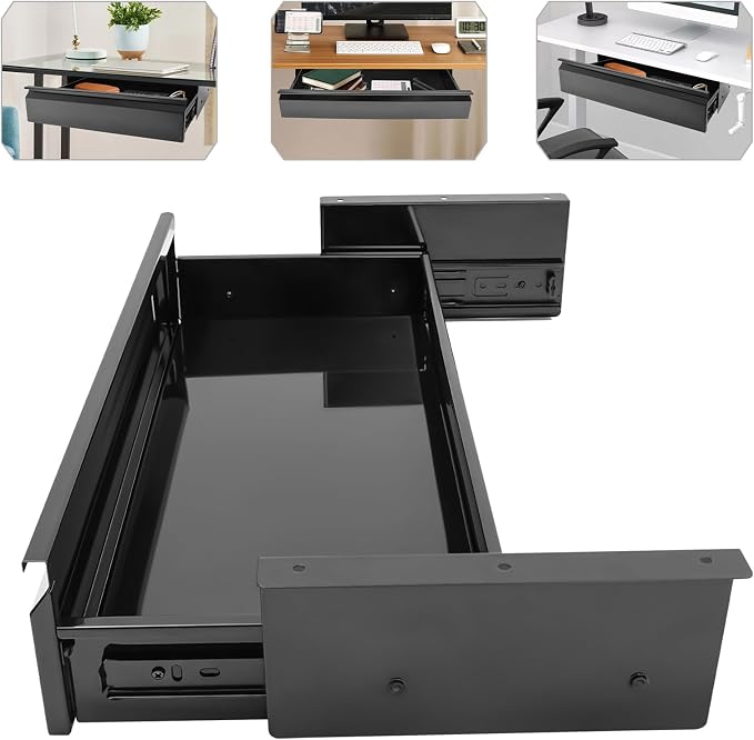 22 Inches Under Desk Mounted Sliding Pull-out Drawer Storage Drawer for Sit Stand Workstation Office Desk(Applicable Table Thickness: 0.79in) Black