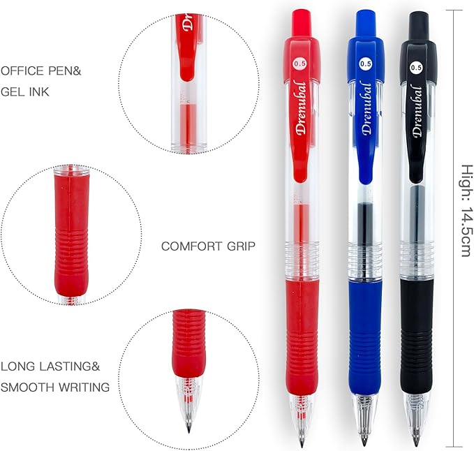 PENS bulk pack of 12 ink Pens, Retractable ballpoint pens Medium point 0.5 mm, 6 black pens & 3 Blue 3 Red &combo pack, Red+Blue+Black