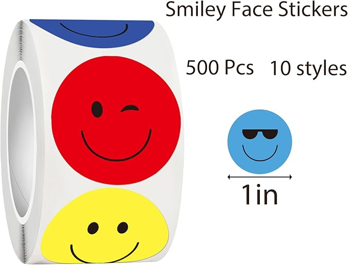 500 Pcs Happy Smiley Face Stickers - 1 Inch Smile Face Sticker Happy Face Stickers Round Emoticon Reward Labels for Kids Classroom, Teachers, Party Favors, Scrapbooking(Multi Colored Smile)