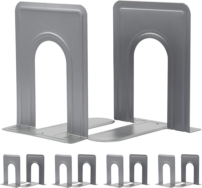 Book Ends, Bookends for Shelves Metal Bookends Book Ends for Office Nonskid Heavy Duty Book Ends for Shelves White 6.69 x 4.9 x 4.3in, 5 Pair/10 Piece (Grey)