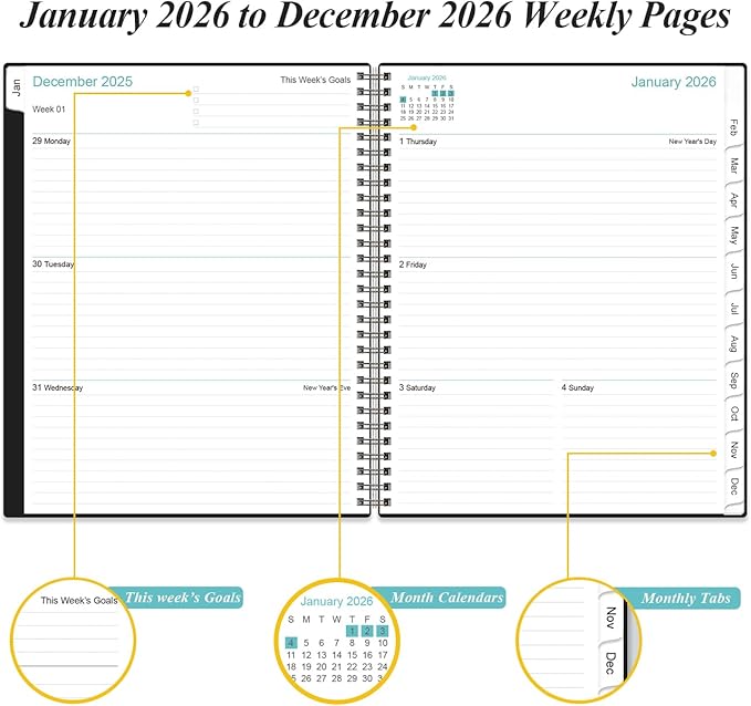 Planner 2026 For Women & Men - Monthly and Weekly Calendar Planner from January 2026 - December 2026, Student Planning with 12 Tabs for Office School Supplies, Inner Pocket, 8.5" x 11", Black