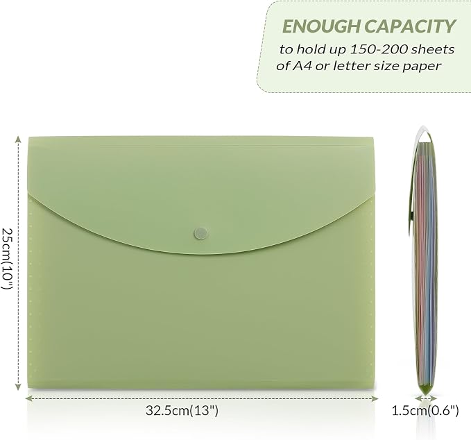 SKYDUE Cute Accordion File Organizer, Expanding File Folder with 8 Pockets, Document Organizer with Colorful Tabs for School, Office, Hospital Tax, Receipts Storage Letter/A4 Size Pale Green
