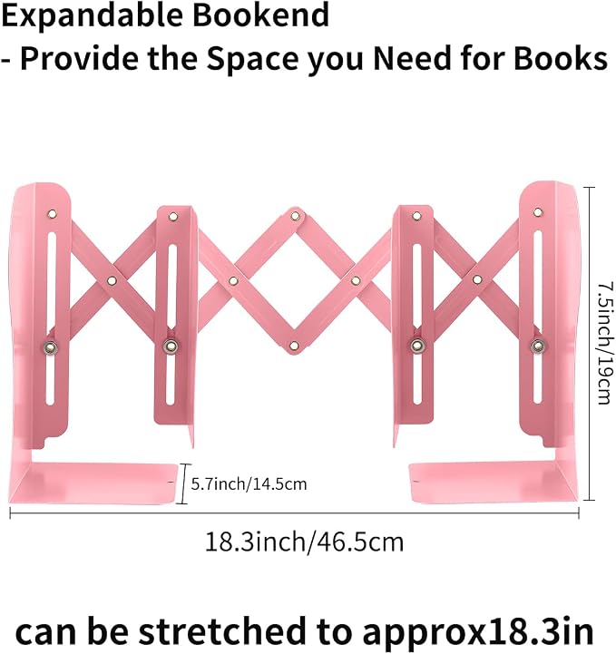 MSDADA Adjustable Bookends, Book Ends for Heavy Books, Expandable Book Organizer for Desk, Shelf, Office, School, for 6 7 8 9 10 11 12-15 Boys and Girls, Extends up to 19 inches (Pink)