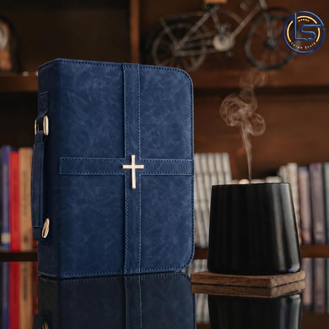 Bible Case (U.S. Patent Pending), Vibrant & Inspiring Bible Cover, with Romans 8:31 Bookmark, Blue Bible Cover Case for Women or Men, Elegant Bible Bag, Durable PU Leather Book Cover