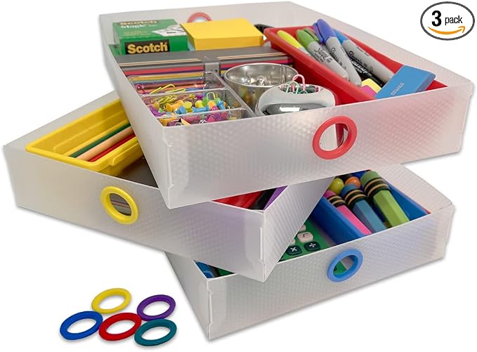 Ultimate Office TierDrop Supply Drawers Measure 9w x 12d x 2 1/4 Inches High for Desk Accessories and Supplies, Set of 3, Includes Color-Coded Finger Rings for Fast and Easy Access to Contents