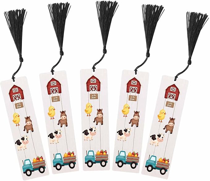 Farm Animal 5 Pcs Bookmarks Chicken Cow Horse Fruit Truck Wooden Bookmarks with Tassel for Students Reader Teachers Book Lovers