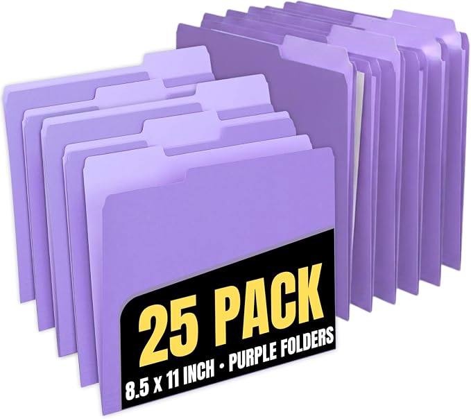 1InTheOffice Purple File Folders, 1/3 Cut Tabs, Letter Size, Violet, 25-Pack
