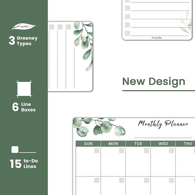 ALEZEL Dry Erase Calendar for Refrigerator, Greenery Magnetic Fridge Calendar Whiteboard - Set of Vertical Monthly Dry Erase Calendar for Fridge & 2 List Board, 4 Markers + Eraser
