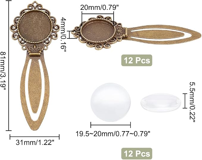 NBEADS 24 Pcs Antique Bronze Bookmark Pendant Tray Kit, Including 12 Pcs Tibetan Style Bookmark Cabochon Settings 12 Pcs Dome Transparent Glass Cabochons for Reading Gift Crafting DIY Bookmark
