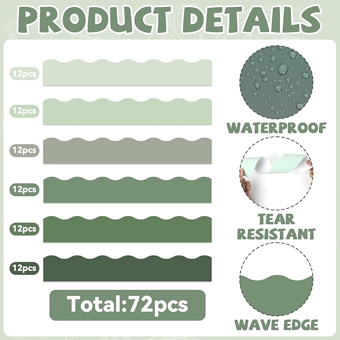 Qyeahkj 85 Feet Green Bulletin Board Border 72 Pcs Classroom Scalloped Eucalyptus Themed Bulletin Spring Paper 6 Scalloped Border Trim Greenery DIY Supplies for Back to School Home Office Wall Decor
