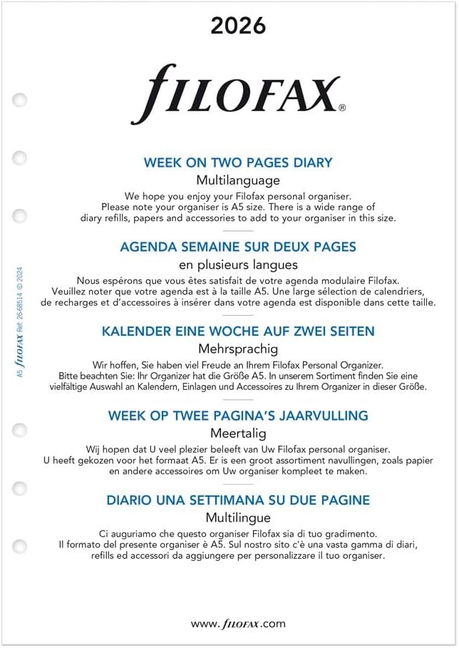 Filofax Calendar Diary Refill, A5 Size, Week-to-View with Appointments, White Paper, Multilingual: Five Languages, 2026 (C68514-26)