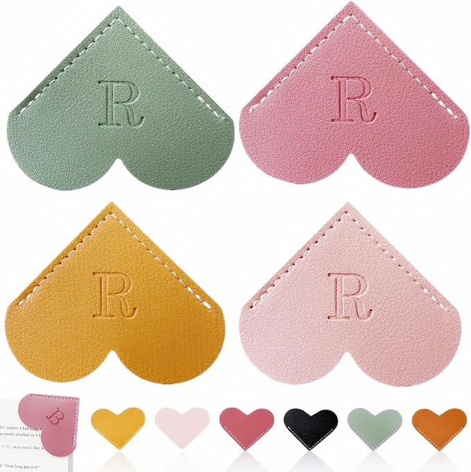 Personalized Leather Heart Bookmark, 26 Letters Customized Corner Book Mark for Reading Women, Book Marker with Initials，Cute Gifts (Light Pink+Deep Pink+Green+Light Brown, R)