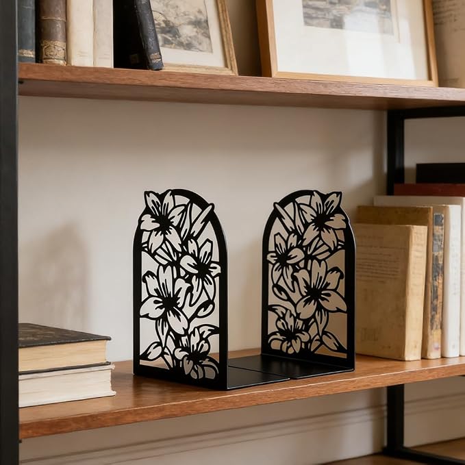 Book Ends, Bookends, Book Ends for Shelves, 2Pair Non Skid Metal Book Divider Decorative Holder, Abstract Art Desgin Book Stopper Supports for Office, Home (Floral)