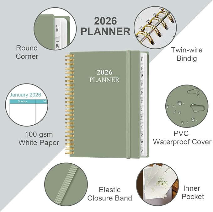 2026 Planner - Weekly & Monthly Planner from January 2026 - December 2026, Planner 2026 with Flexible Cover, Tabs, Inner Pocket, 6.4" x 8.5", Green