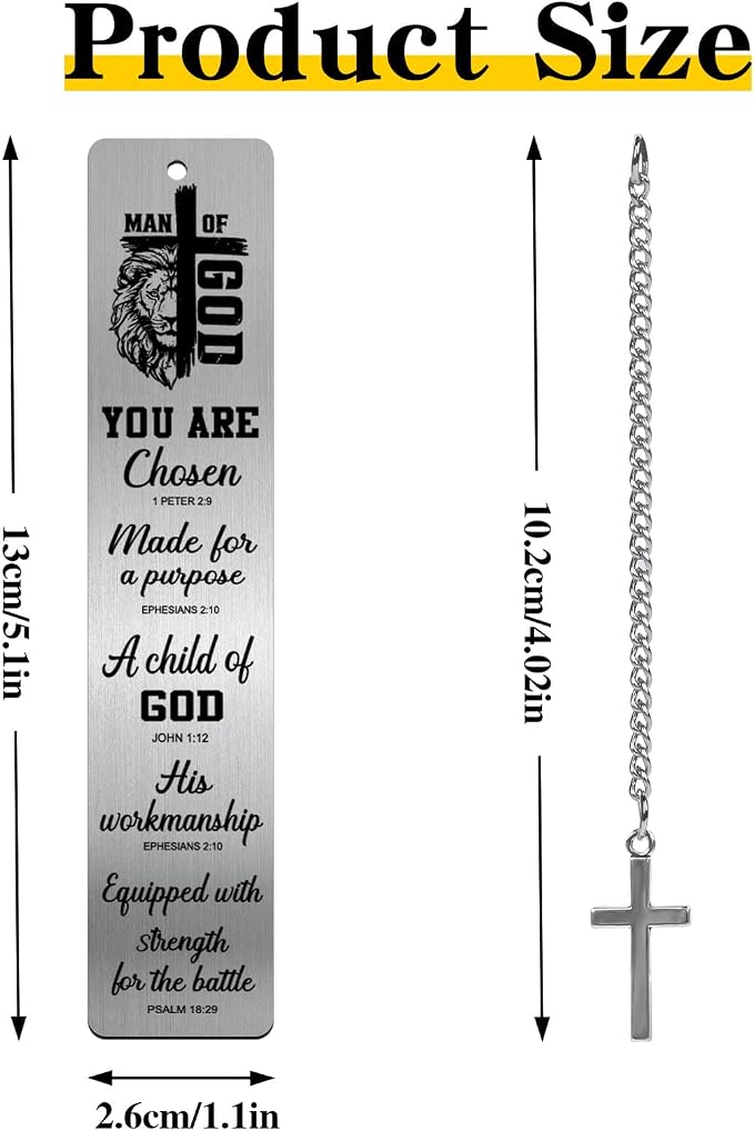 Bible Verse Metal Bookmark - Christian Man of God Lion Book Mark with Cross Pendant Religious Scripture Inspirational Page Marker Gift for Reading Men Birthday Church Baptism Accessories