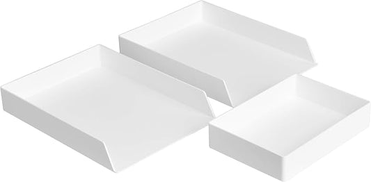 Amazon Basics Rectangular Plastic Desk Organizer Bundle, 3 Pieces Letter Tray and Accessory Tray for Office Supplies, Document Organization, Workspace Storage, 10 x 13.4 inches, White