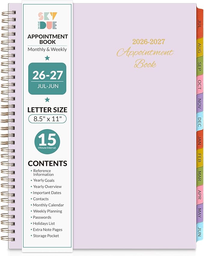 SKYDUE Appointment Book 2026-2027, Academic Hourly Planner from July 2026 - June 2027, 8.5" x 11" Weekly & Monthly Schedule Planner with 15-Minute Interval- Perfect for Daily Planning Purple