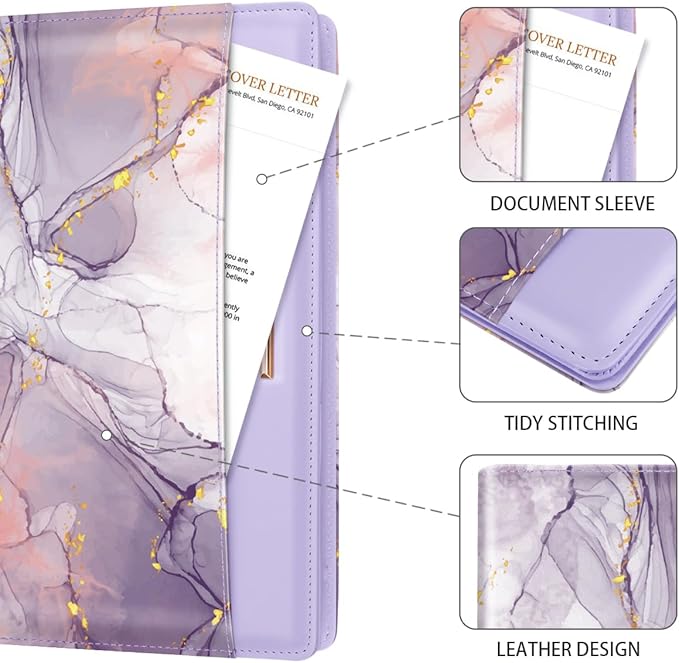 Padfolio/Resume Portfolio Folder for Women Men, WAVEYU Cute Chic Padfolio Cover Folder, Conference/Legal Document Organizer with Letter/A4 Size Clipboard, Document Sleeve, Purple Marble
