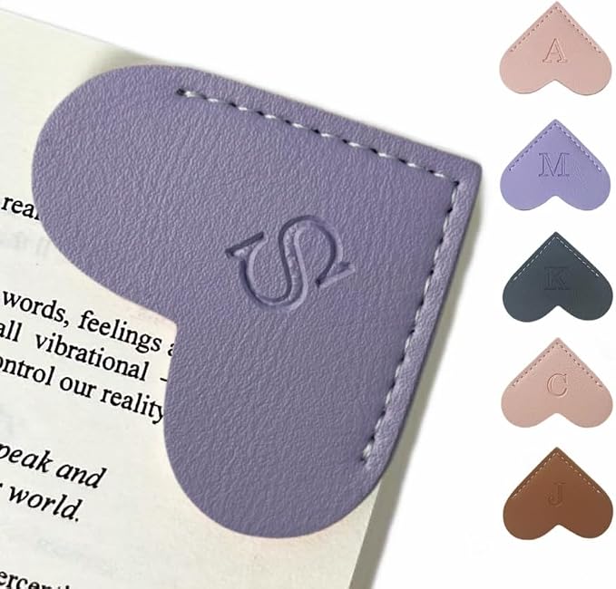 Personalized Leather Book Marks, Heart Bookmark, Unique Cute Handmade Letter Bookmarks Accessories for Reading Women, Teacher, Student, Book Lovers Book Mark Gifts (Purple, S)