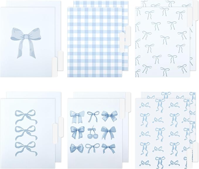 Yaomiao 12 Pcs Coquette Blue Bow File Folders, Letter Size Bowknot Plaid Decorative File Organizer with 1/3 Cut Tab, Cute Pretty Document Holder for Office Home Studyroom Birthday Gifts, 8.5 x 11 Inch