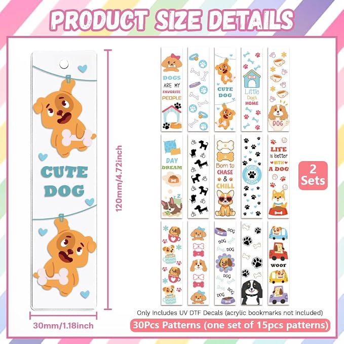 Peacoblue 30pcs UV DTF Bookmarks Transfer Stickers Wraps Cute Dog for Women Men Reading, Waterproof Bookmarkers Decal(No Blank Bookmarks) for Acrylic Plastic Metal Blank Bookmark