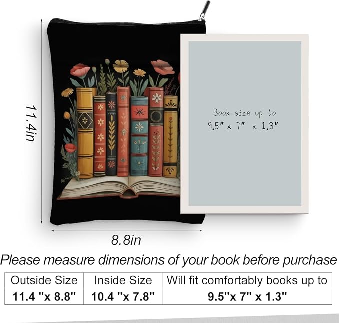 Floral Book Sleeve, Book Lovers Gifts Sleeve with Zipper & Front Pocket, 11.4x8.8 Inch Canvas Books Cover Protector Bookish Gifts for Readers Librarian Women Teacher