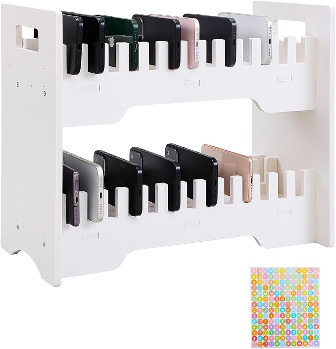EARTHSON Cell Phone Holder Storage Box for Classroom, White PVC Cell Mobile Phone Management Desktop Organizer, Caddy Box for Office and School Supplies