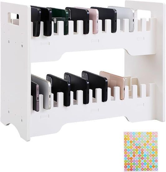 EARTHSON Cell Phone Holder Storage Box for Classroom, White PVC Cell Mobile Phone Management Desktop Organizer, Caddy Box for Office and School Supplies