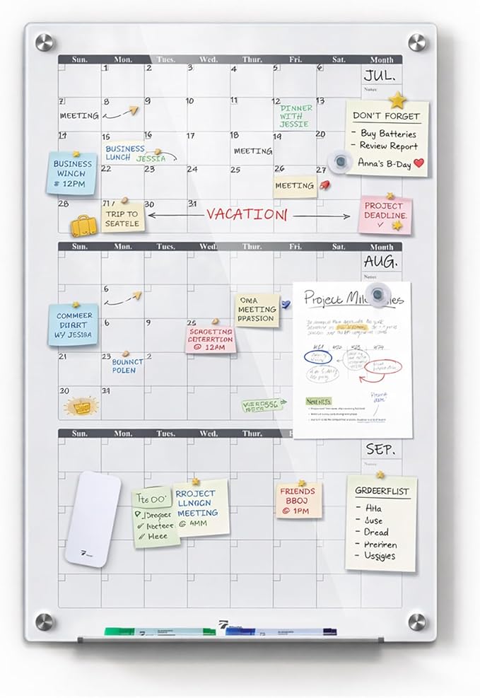 3-Month Vertical Layout 24'' x 36'' Magnetic Glass Dry Erase Calendar Board for Wall, Whiteboard Planner, Reusable Monthly Frameless Quarterly Whiteboard for Office, Home & Classroom with Accessories