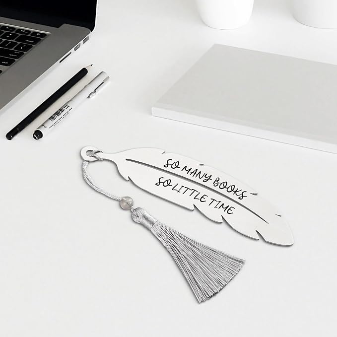“So Many Books So Little Time” Quote Bookmark Gifts, Inspirational Reading Gifts for Book Lovers, Teachers, Students, Librarians, Women Men Readers, Feather Metal Bookmark with Tassel VBK210
