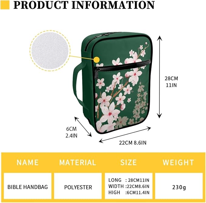 Coldinair Cherry Blossoms Print Bible Covers for Women,Cute Carrying Book Case Church Bag Bible Protector with Handle and Zipper Pocket,Green