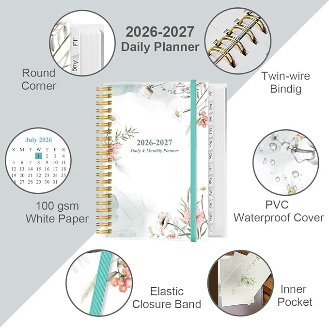 Daily Planner 2026-2027 Full Page Per Day- 2026-2027 Daily & Monthly Planner from July 2026 to June 2027, Day Planner 2026-27 with 12 Months Tabs, 6.4" x 8.5", Pink Flowers