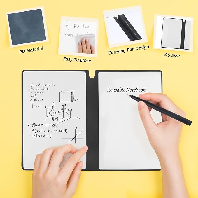 Reusable A5 Dry Erase Notebook Include a Wipeable Pen and Rag,9.4x6.5 Inch Erasable Notebook Whiteboard Notebook,Wipeable Notebook PU Hardcover for Office and Taking Notes(Denim Blue)