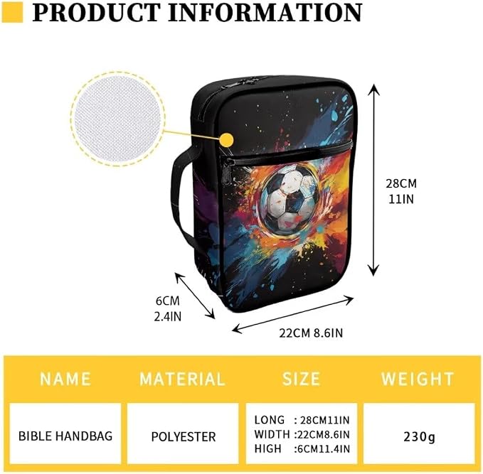 Coldinair Color Splatter Soccer Bible Cover for Kids Boy Bible Case Bible Carrier Carrying Organizer Purse Handbag with Zipper Pockets Church Bag
