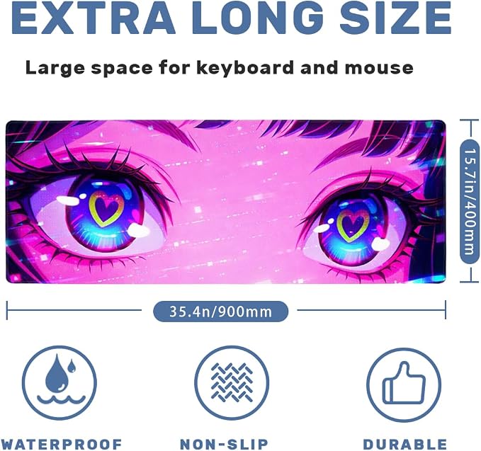 Anime Girl Desk Mat 35.4 x 15.7 Inches Kawaii Heart Eyes Neon Gaming Mouse Pad with Non-Slip Rubber Base, Smooth Cloth Surface Desk Keyboard Mat for Computer, PC, Laptop, Desktop