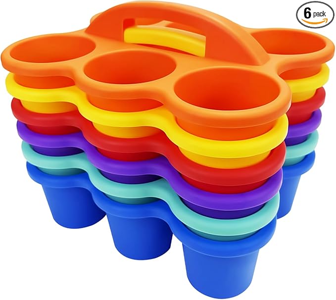 6 Pack Classroom Caddy Storage Basket, 6 Compartment 6 Cup Caddy - BPA-Free Plastic Stackable Drink Carrier for Kids, Office, Arts & Crafts Supplies (Assorted Colors)