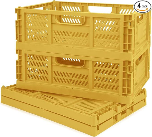 Domiella 4-Pack Stackable Plastic Storage Crates, 16x12x6, Folding for Office, Home, Kitchen, Bedroom, Bathroom, Yellow