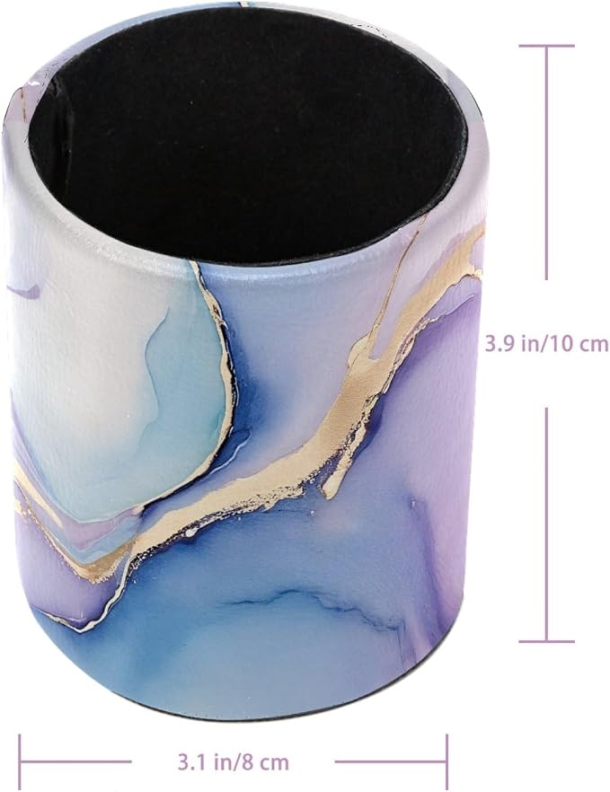 Leather Pen Holder for Desk, Pink Blue Marble Makeup Brushes Holder Pencil Cup Multifunctional Desktop Organizer Caddy for Home School Office Desk Accessories